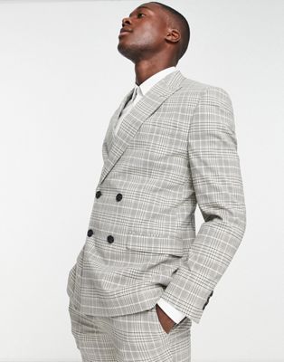 Topman skinny double breasted wedding suit jacket in grey check