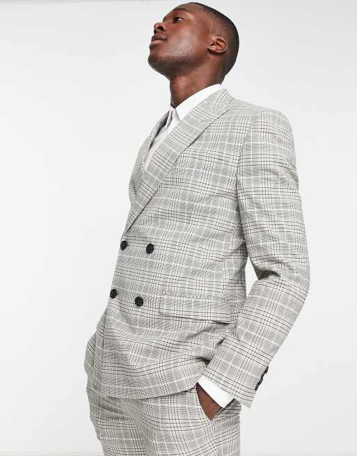 Topman skinny double breasted suit jacket in grey check ASOS