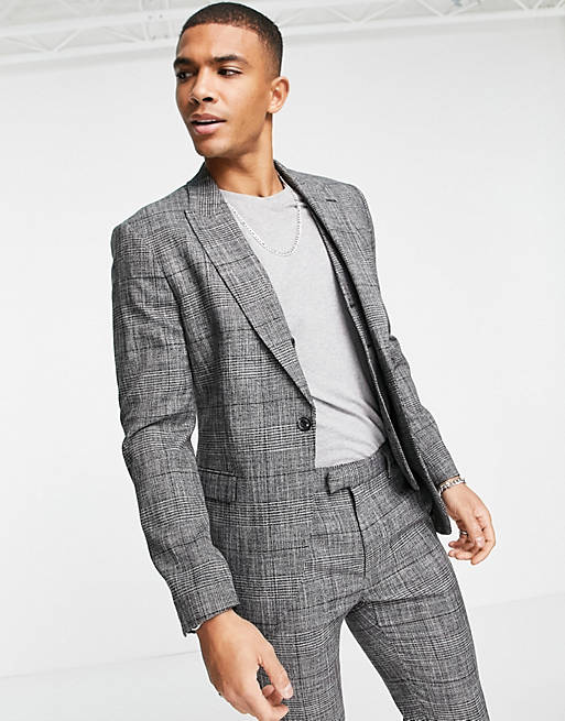 Men Topman skinny double breasted suit jacket in grey check 