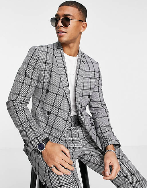 Topman skinny double breasted suit jacket in grey check | ASOS