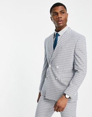 Topman skinny double breasted suit jacket in white and blue check | ASOS