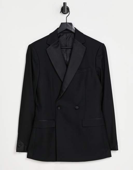 Topman skinny double breasted tuxedo jacket in black | ASOS