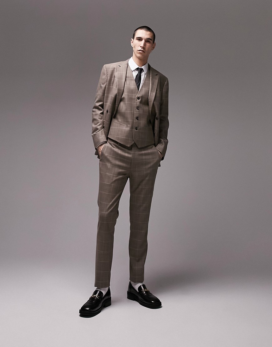 skinny fabric detail check suit pants in stone-Neutral