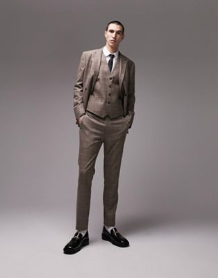 Topman skinny fabric detail check suit trouser in stone