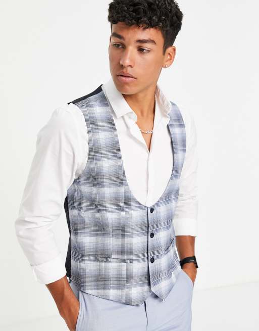 Topman skinny fit check waistcoat in blue