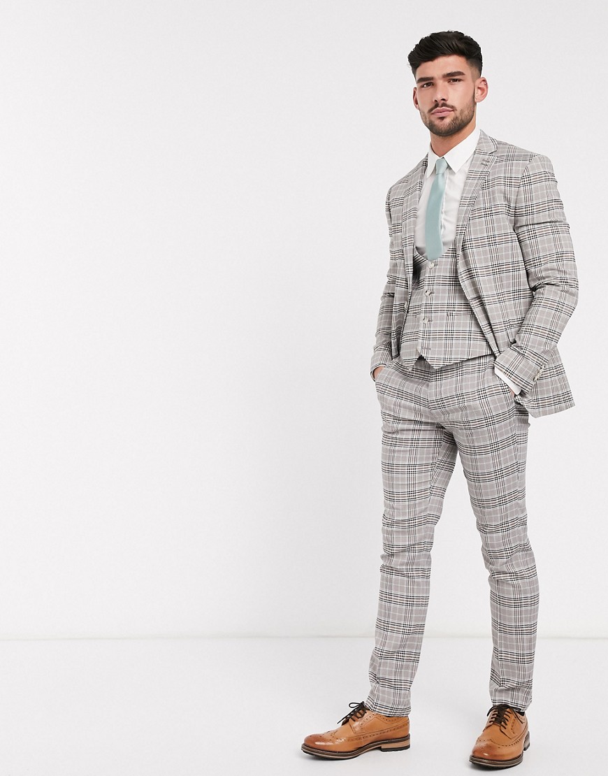 Topman skinny fit checked suit trousers in beige-Stone