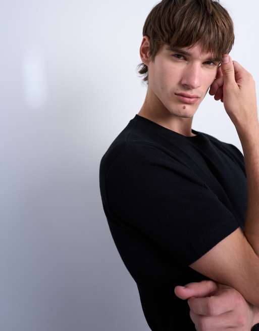 Topman - Skinny-fit geribbeld T-shirt in zwart, 4 van 5