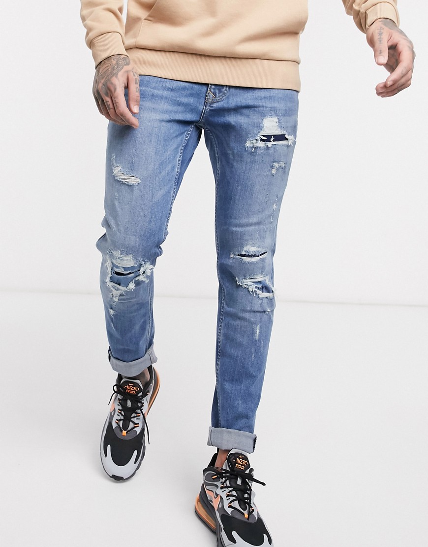 Topman - Skinny-fit jeans van biologisch katoen met grote scheuren in lichtblauw