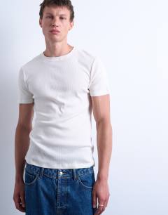 Model wearing Skinny fit ribbed t-shirt in ecru