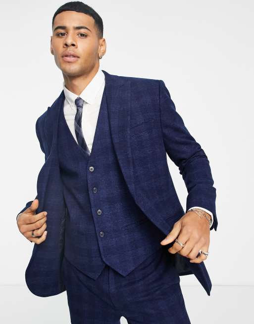 Topman - Skinny geruit colbert in marineblauw