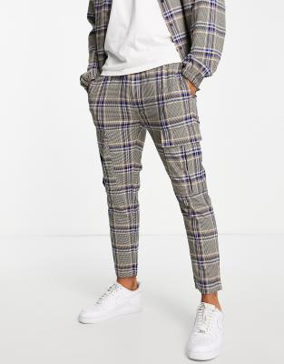 Topman - Skinny geruite cargobroek in blauw en stone | ASOS