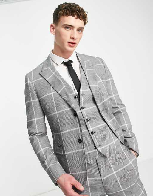 Topman - Skinny, geruite double breasted colbert in grijs