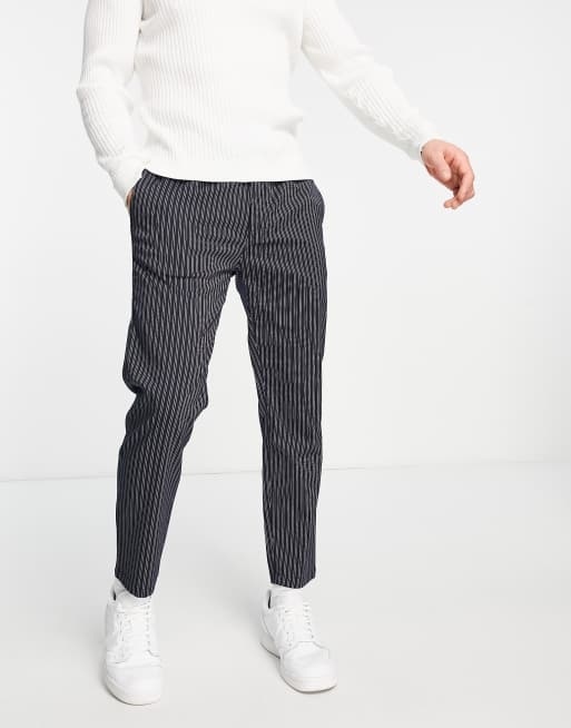 Topman - Skinny gestreepte broek met elastische taille in marineblauw