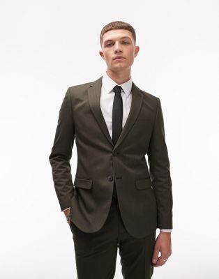 Topman skinny herringbone suit jacket in khaki | ASOS