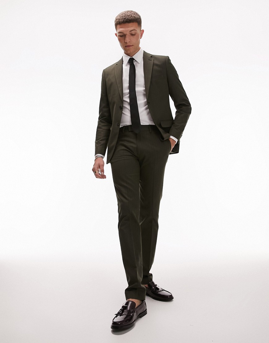 skinny herringbone suit pants in khaki-Green