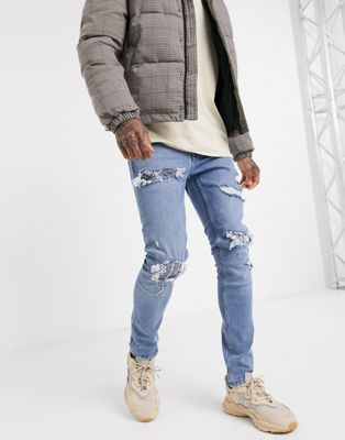 Topman – Skinny jeans med revor och bandanamönstrad lagning-Blå