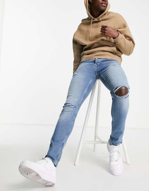Topman - Skinny jeans met stretch en scheuren in mid wash