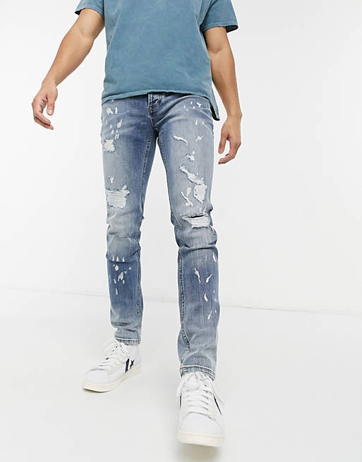 Herstelde Scheuren En Verfspetters in het Zwart voor heren TOPMAN Denim Skinny Jeans Van Biologische Katoenmix Met Stretch Heren Kleding voor voor Jeans voor Skinny jeans 