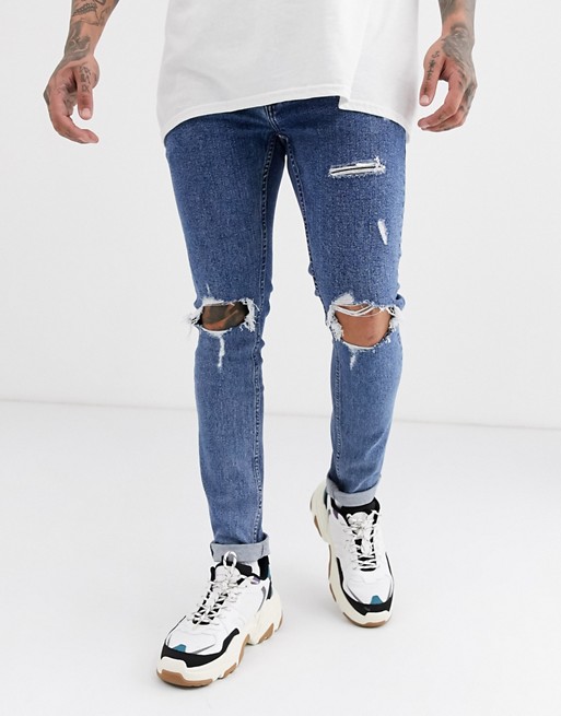 Topman skinny jeans with rips in washed blue