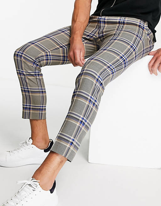 Men Topman skinny jogger check trousers in blue and stone 