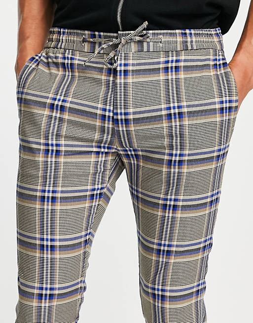 Men Topman skinny jogger check trousers in blue and stone 