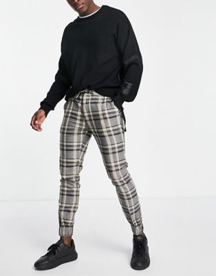 Topman skinny jogger check trousers with zip detail on cuffs in neutral