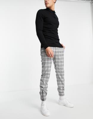 Topman Skinny Jogger Plaid Pants With Zip Detail On Cuffs In Black And White-neutral In Neutral