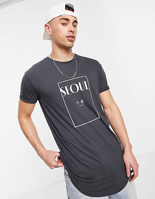 Topman skinny longline t-shirt with Seoul chest print in grey