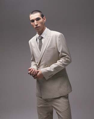 skinny mini check double breasted wedding suit jacket in brown