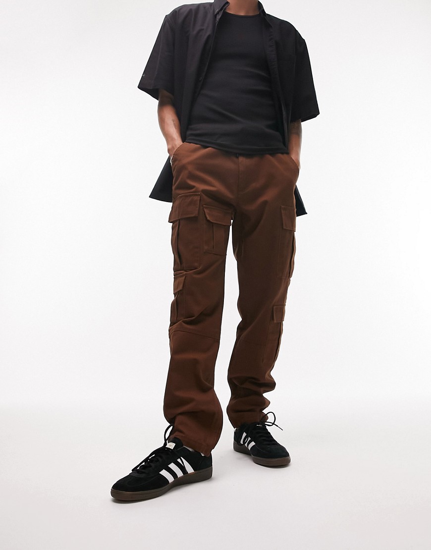 topman skinny multi pocket cargo trousers in brown