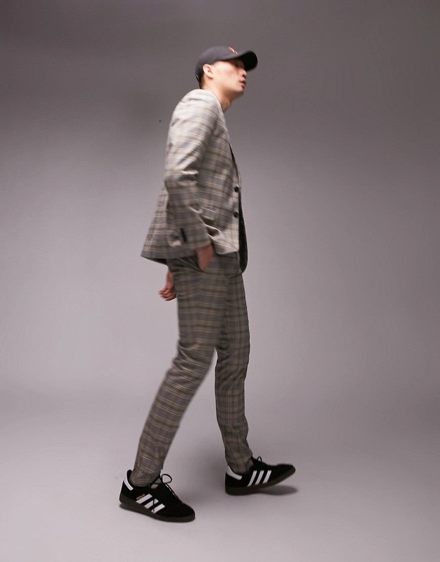 Topman skinny neutral checked wedding suit trousers in grey