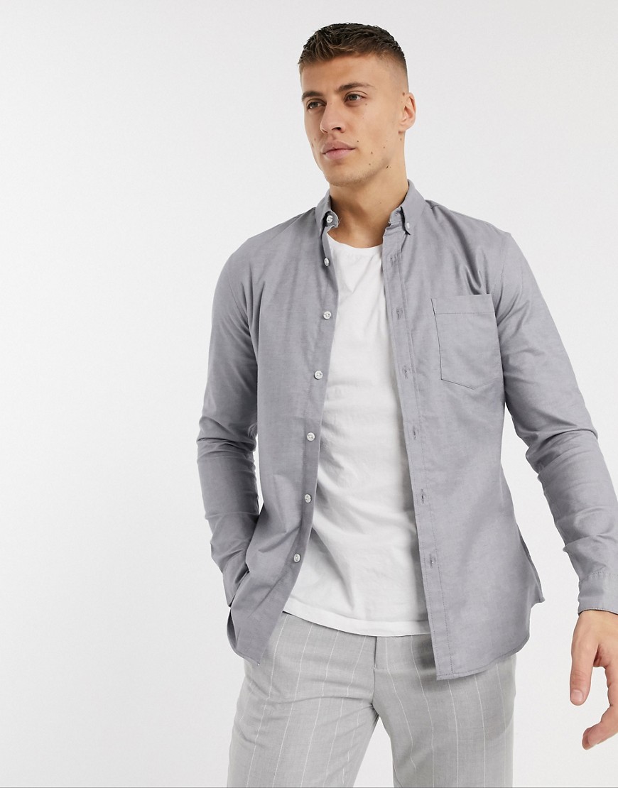 Topman - Skinny oxford overhemd met stretch en strepen in grijs
