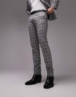 Topman Skinny Neutral Checked Suit Pants In Gray