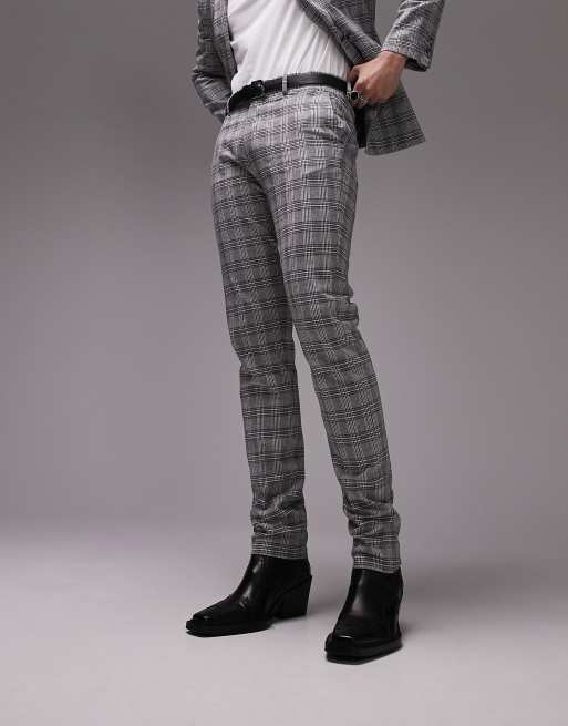 Gray Burgundy Slim Fit Groom Wedding Plaid Pants for Men