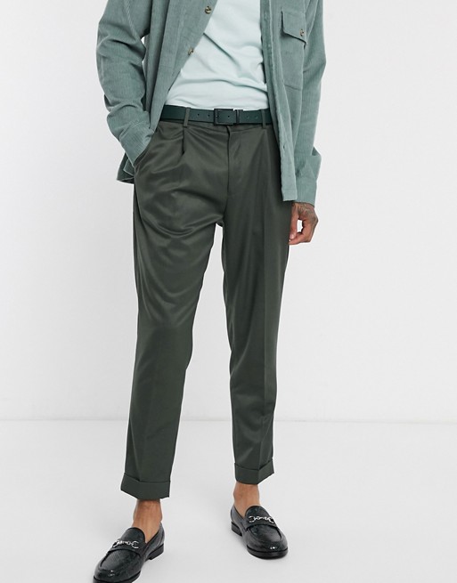 Topman skinny pleated smart trousers in green