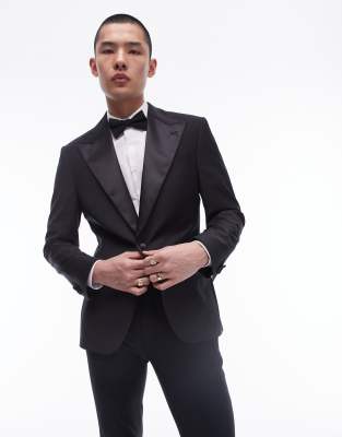 Topman Skinny Premium Wool Rich Tux Jacket In Black