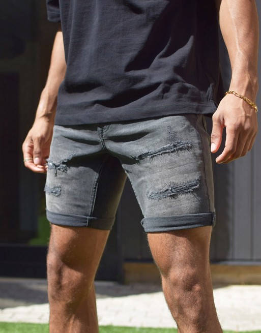 Topman skinny shorts with rip & repair in mid wash black