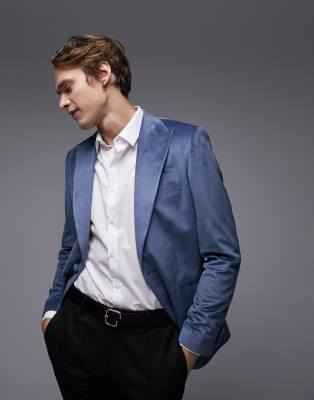 Topman Skinny Single Breasted Peak Lapel Velvet Blazer In Blue