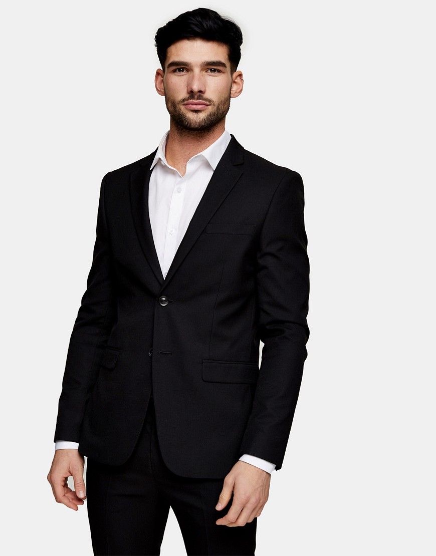 Topman skinny single breasted suit jacket in black