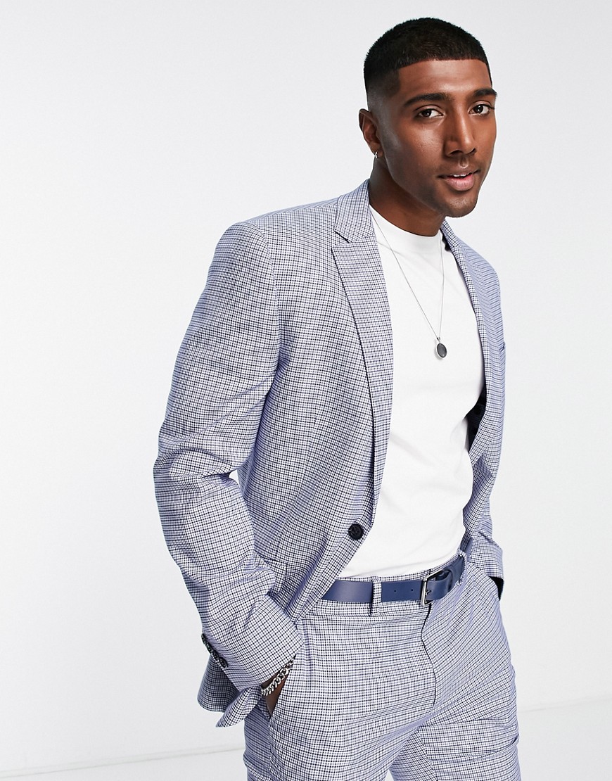 Topman skinny single breasted suit jacket in blue check
