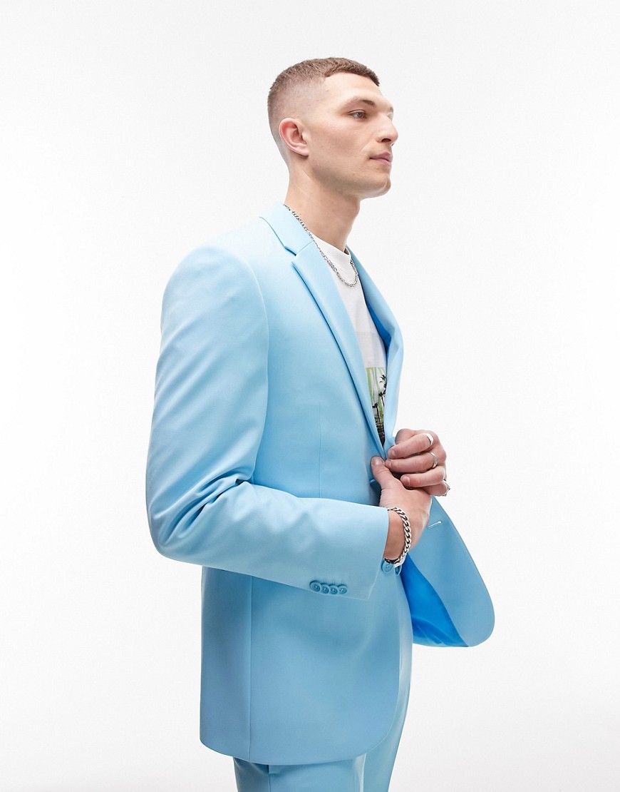 skinny single breasted suit jacket in blue