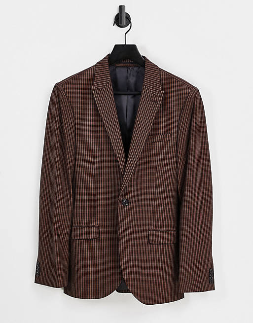 Topman skinny single breasted suit jacket in brown check 