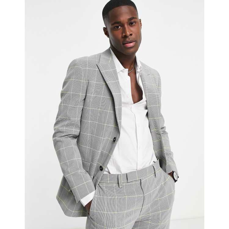 Topman skinny single breasted suit jacket in gray and lime check