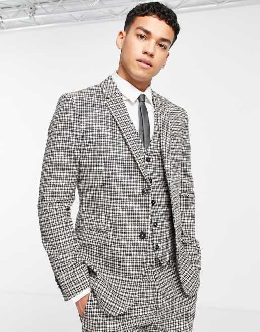 Topman skinny single breasted suit jacket in gray and navy check ASOS