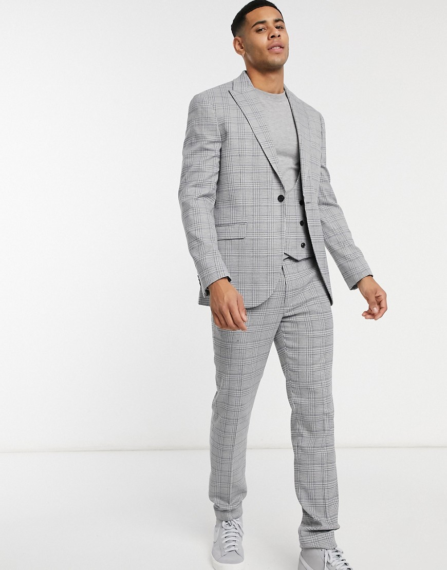 Topman skinny single breasted suit jacket in gray check-Grey