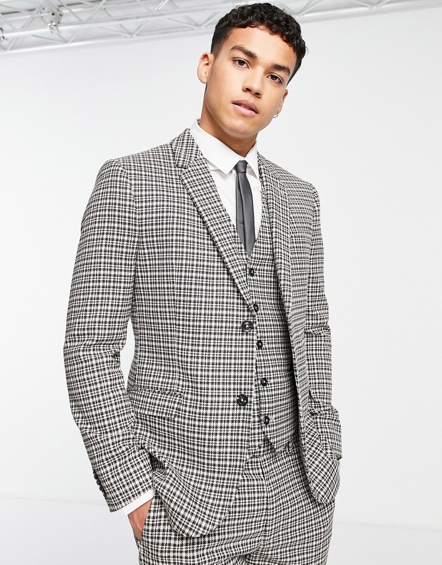 Topman skinny single breasted suit jacket in grey and navy check