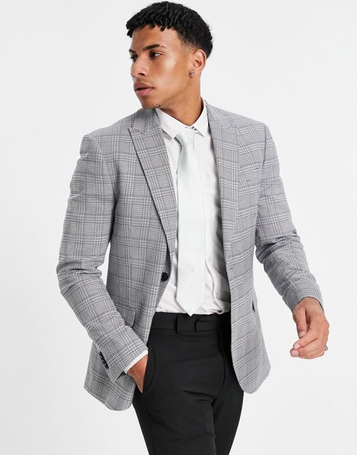 Topman skinny single breasted suit jacket in grey check | ASOS