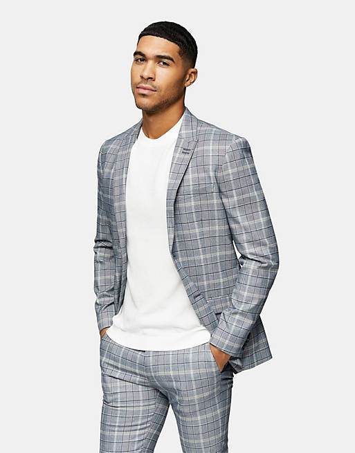 Suits Topman skinny single breasted suit jacket in grey check 