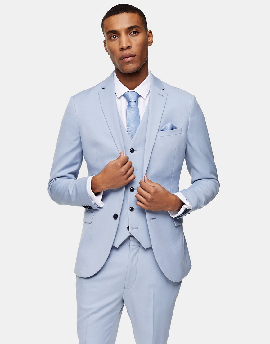 Topman skinny single breasted suit jacket in light blue