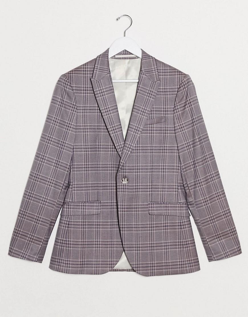 topman skinny single breasted suit jacket in pink check